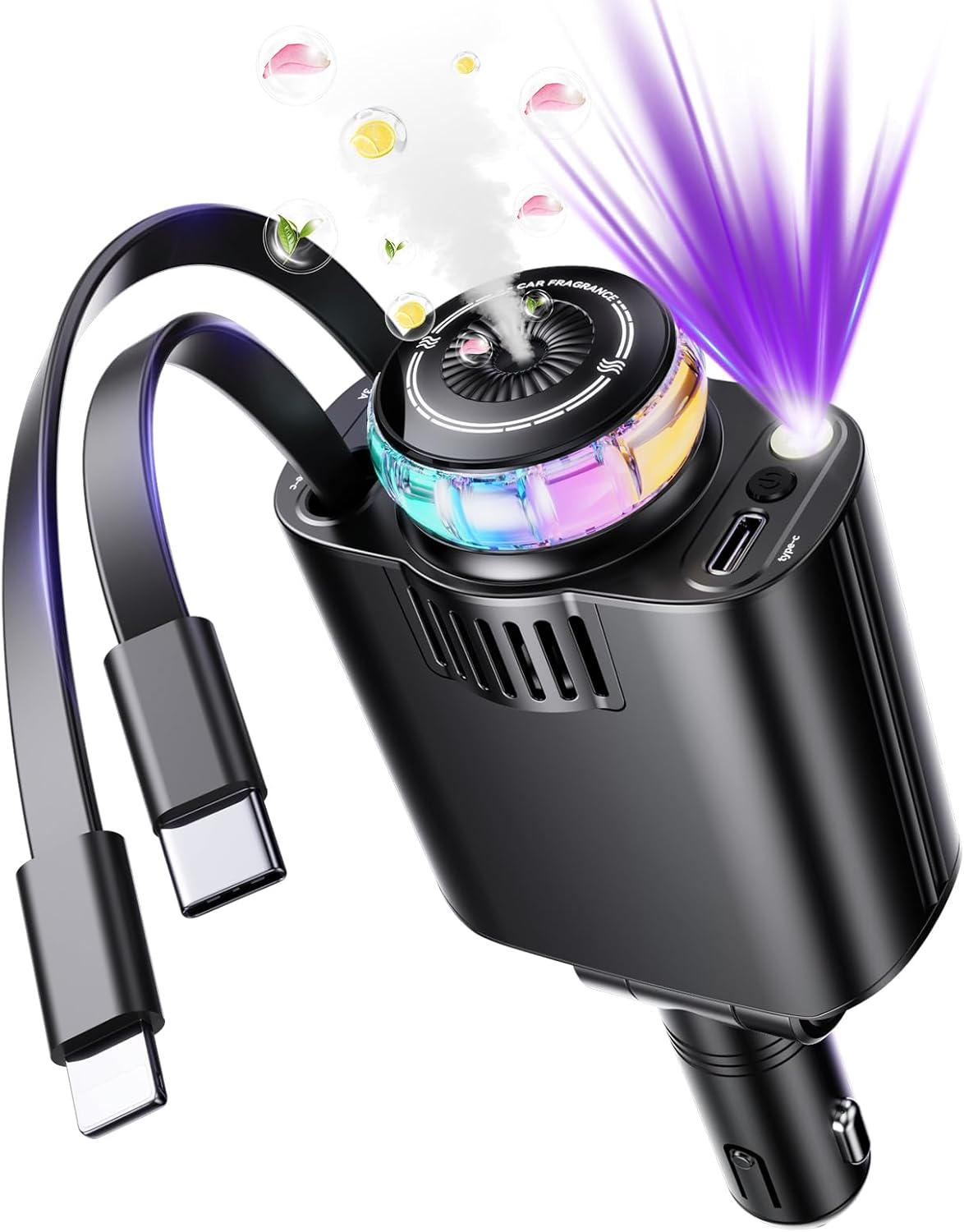 Retractable Car Charger with Starlight and Aromatherapy, 5 in 1 USB C Car Charger Adapter, 69W Fast Charging Cars Phone Chargers, Cars Air Freshener Compatible with iPhone 16 15 14 13 12 and Android