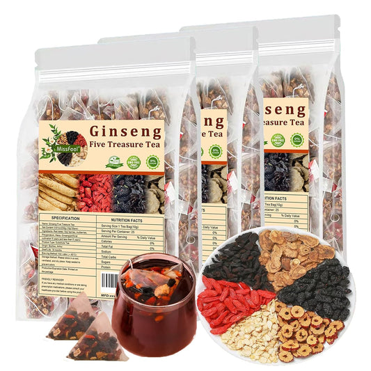 Ginseng Five Treasure Tea, Kidney Tea Organic Chinese Herbal Kidney Cleanse for Men & Women (3 Bags 75 Pcs)