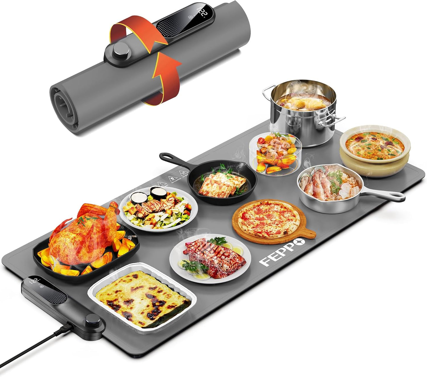 FEPPO Food Warmer Mat (Xxl 35" X 16"), Electric Heating Trays for Buffets and Parties, Full Surface Fast Heating Mat for Food with Temperature Adjusts
