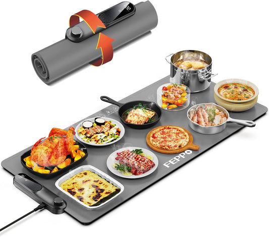 FEPPO Food Warmer Mat (Xxl 35" X 16"), Electric Heating Trays for Buffets and Parties, Full Surface Fast Heating Mat for Food with Temperature Adjusts