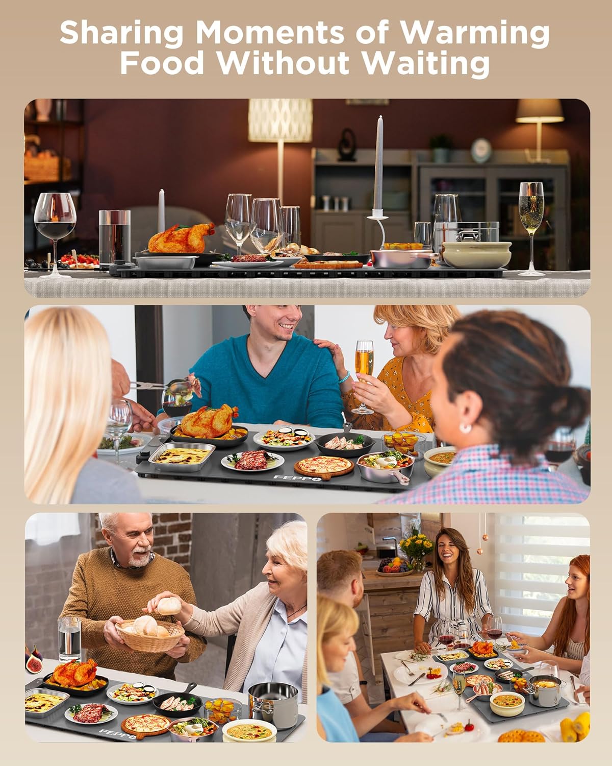 FEPPO Food Warmer Mat (Xxl 35" X 16"), Electric Heating Trays for Buffets and Parties, Full Surface Fast Heating Mat for Food with Temperature Adjusts