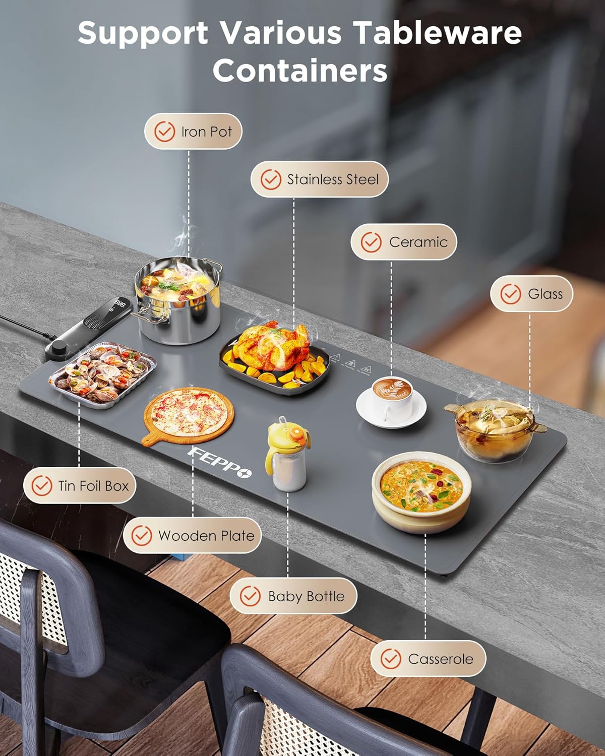 FEPPO Food Warmer Mat (Xxl 35" X 16"), Electric Heating Trays for Buffets and Parties, Full Surface Fast Heating Mat for Food with Temperature Adjusts