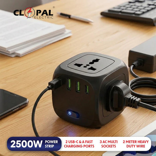 Cube Extension 2500W Power Strip with 3 AC Sockets, 2 USB-C & 2 USB-A – 2M Heavy Duty Wire