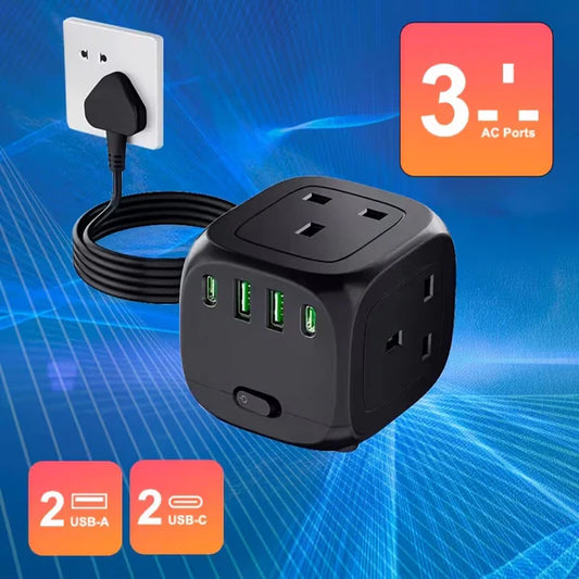 Cube Extension 2500W Power Strip with 3 AC Sockets, 2 USB-C & 2 USB-A – 2M Heavy Duty Wire