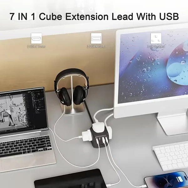 Cube Extension 2500W Power Strip with 3 AC Sockets, 2 USB-C & 2 USB-A – 2M Heavy Duty Wire